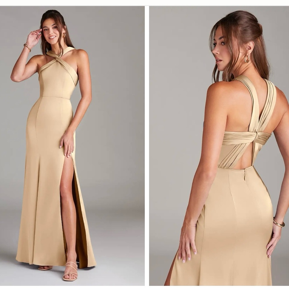 Azazie Rue Champagne Mermaid Pleated Stretch Satin Dress